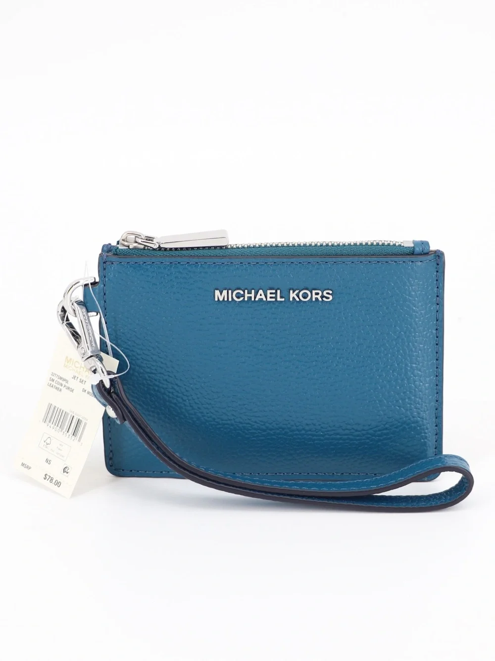 New Michael Kors Jet Set Leather Zip Wristlet Card Case Teal Dark Mountain